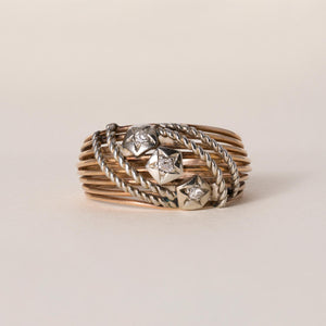 Vintage Italian 18K Gold Old Mine Cut Diamond Stars Ring Band
