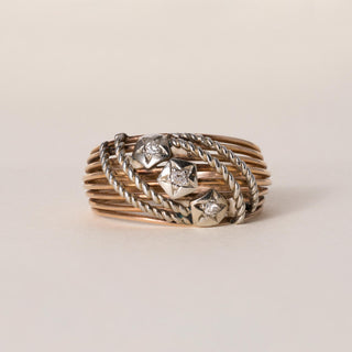 Vintage Italian 18K Gold Old Mine Cut Diamond Stars Ring Band
