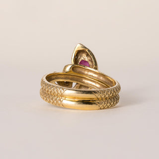 Vintage Italian 18K Gold Burma Ruby Cabochon and Diamond Eyes Serpent Ring