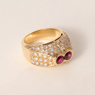 Vintage French 18K Gold Double Ruby And 1.60 Carat Diamond Pyramid Dome Ring