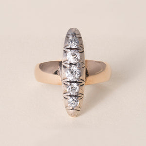 Antique Edwardian Old Mine Cut Diamond Navette Ring 14K Rose Gold Silver Top