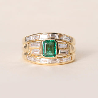 Vintage 18K Gold 1 Carat Emerald 2 Carats Baguette Diamond Wide Band
