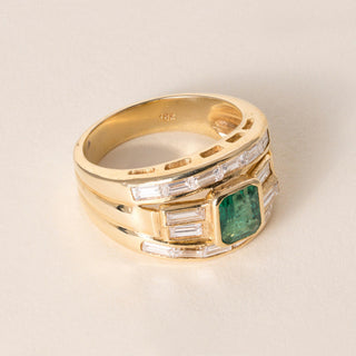 Vintage 18K Gold 1 Carat Emerald 2 Carats Baguette Diamond Wide Band