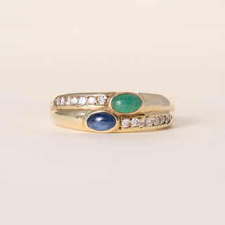 Vintage 14K Emerald and Sapphire Cabochon Bezel Set Diamond Ring Band