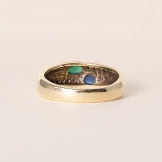 Vintage 14K Emerald and Sapphire Cabochon Bezel Set Diamond Ring Band