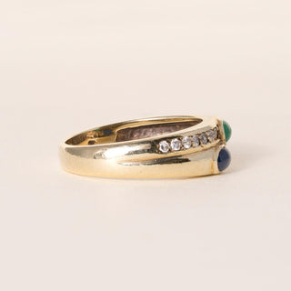 Vintage 14K Emerald and Sapphire Cabochon Bezel Set Diamond Ring Band