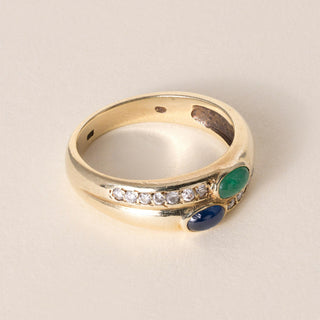 Vintage 14K Emerald and Sapphire Cabochon Bezel Set Diamond Ring Band