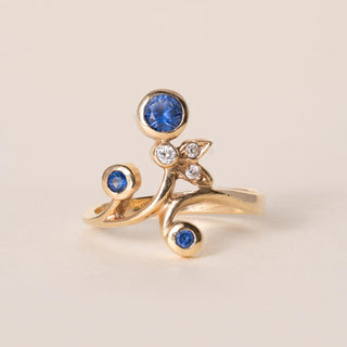 Antique 14K gold Sapphire and Diamond Bezel Set Austrian Flower Ring