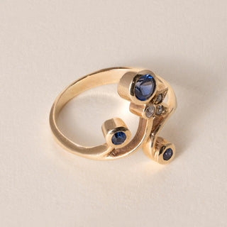 Antique 14K gold Sapphire and Diamond Bezel Set Austrian Flower Ring
