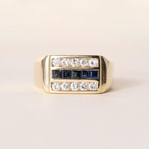 Vintage 18k Gold 3 Row Signet Style Blue Sapphire and Diamond Channel Set Ring