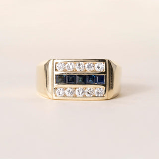 Vintage 18k Gold 3 Row Signet Style Blue Sapphire and Diamond Channel Set Ring