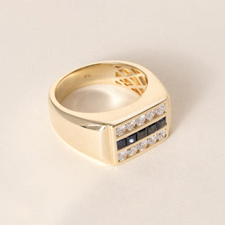 Vintage 18k Gold 3 Row Signet Style Blue Sapphire and Diamond Channel Set Ring