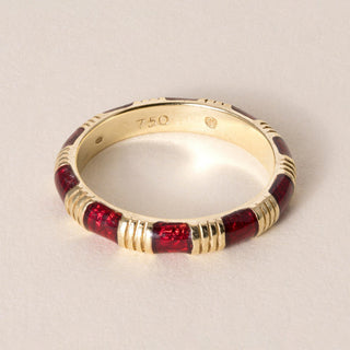 Vintage French 18K Gold Crimson Red Enamel And Gold Ring Band
