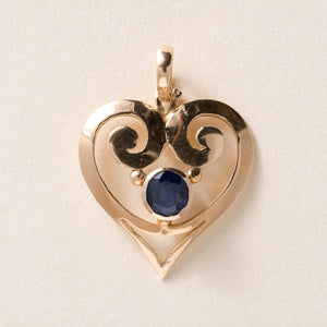 Vintage 14K Gold Filigree Heart Blue Sapphire Pendant Charm