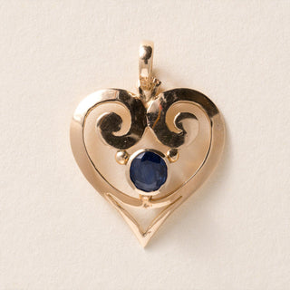 Vintage 14K Gold Filigree Heart Blue Sapphire Pendant Charm