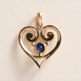 Vintage 14K Gold Filigree Heart Blue Sapphire Pendant Charm