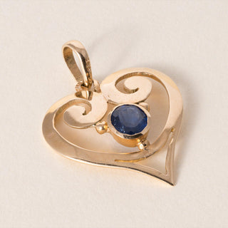 Vintage 14K Gold Filigree Heart Blue Sapphire Pendant Charm