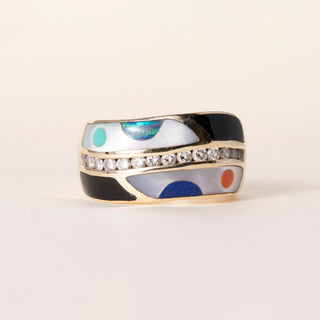 Estate 14K Gold Asch Grossbardt Diamond, mother of Pearl and Enamel Ring Band