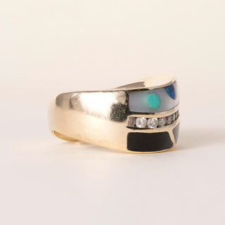 Estate 14K Gold Asch Grossbardt Diamond, mother of Pearl and Enamel Ring Band
