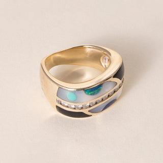 Estate 14K Gold Asch Grossbardt Diamond, mother of Pearl and Enamel Ring Band