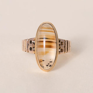 Antique Victorian 14K Gold Elongated Banded Agate Cabochon Bezel Gemstone Ring
