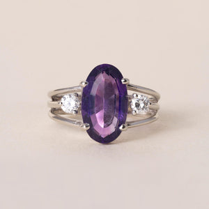 Vintage 14K White Gold Elongated Oval Amethyst and Diamond 3 Stone Ring