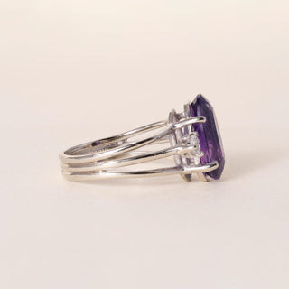 Vintage 14K White Gold Elongated Oval Amethyst and Diamond 3 Stone Ring
