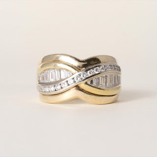 Estate 14K 2 Tone Gold 1 Carat Channel Set Diamond X Bypass Ring Band