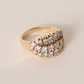 Vintage 14K Gold 3 Row 1.25 Carats Diamond pave Cluster Cocktail Ring
