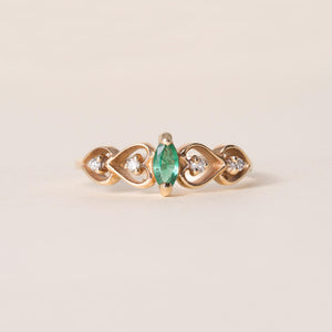 Vintage 14K Gold Emerald Marquise and Diamond Sweet Heart Band