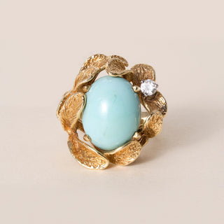 Vintage 18K Gold Turquoise Robins Egg Floral Diamond Brutalist Ring