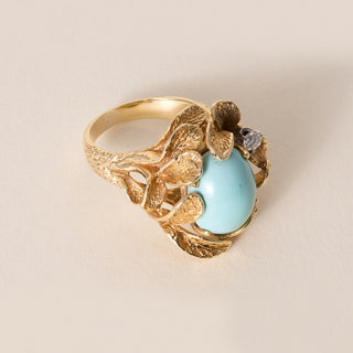 Vintage 18K Gold Turquoise Robins Egg Floral Diamond Brutalist Ring