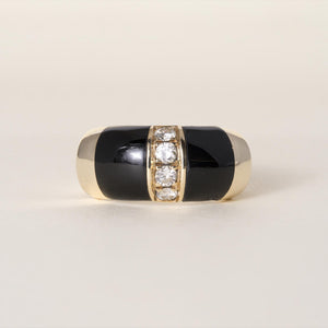 Vintage Black Enamel and Diamond Dome Ring Band 14K Yellow Gold