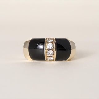 Vintage Black Enamel and Diamond Dome Ring Band 14K Yellow Gold
