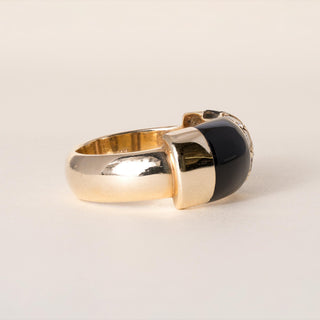 Vintage Black Enamel and Diamond Dome Ring Band 14K Yellow Gold