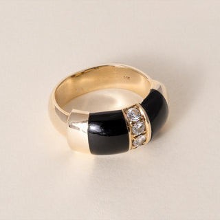 Vintage Black Enamel and Diamond Dome Ring Band 14K Yellow Gold