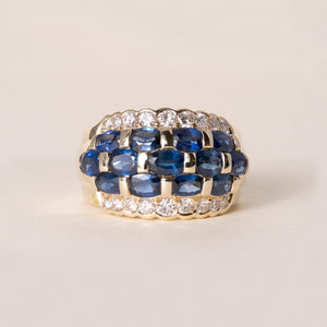 Estate 14K Gold 2.60 Carats Blue Sapphire Ovals and Diamond Wide Band Ring