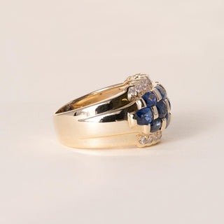 Estate 14K Gold 2.60 Carats Blue Sapphire Ovals and Diamond Wide Band Ring