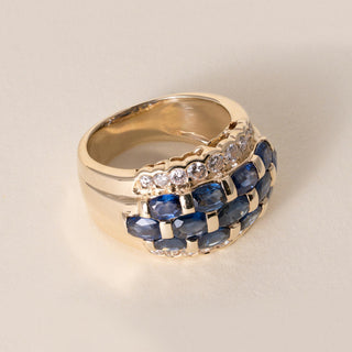 Estate 14K Gold 2.60 Carats Blue Sapphire Ovals and Diamond Wide Band Ring