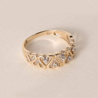Vintage 14K Gold Open Hearts Diamond Ring Band