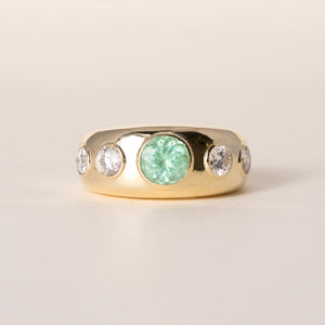 18K Yellow Gold 1 Carat Paraiba 0.63 Carat Diamond 5 Stone Bezel Dome Ring
