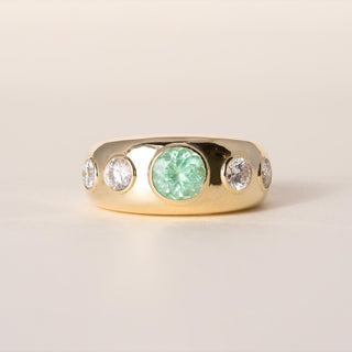 18K Yellow Gold 1 Carat Paraiba 0.63 Carat Diamond 5 Stone Bezel Dome Ring