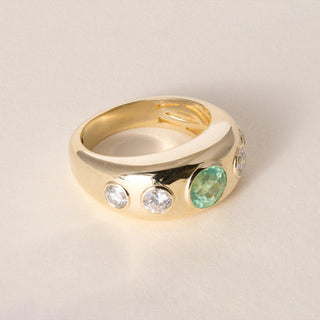 18K Yellow Gold 1 Carat Paraiba 0.63 Carat Diamond 5 Stone Bezel Dome Ring