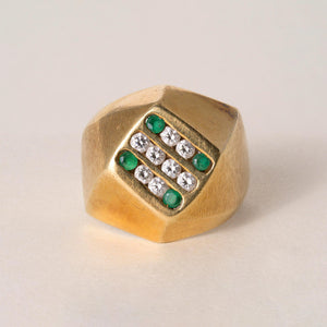 Vintage 18K Yellow Gold Emerald and Diamond Geometric Dome Signet Ring