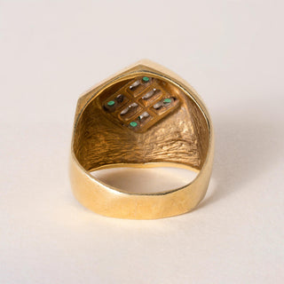 Vintage 18K Yellow Gold Emerald and Diamond Geometric Dome Signet Ring
