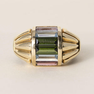 Vintage 18K Gold 3 CT Mix Gemstone Baguette Column and Enamel Dome Ring