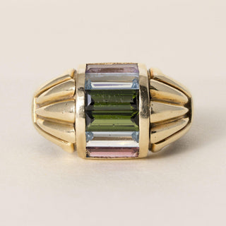 Vintage 18K Gold 3 CT Mix Gemstone Baguette Column and Enamel Dome Ring