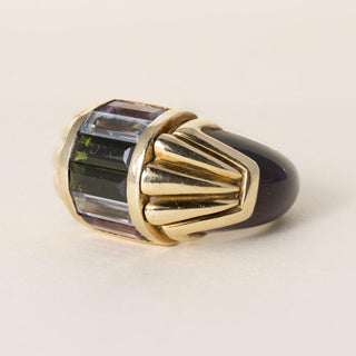Vintage 18K Gold 3 CT Mix Gemstone Baguette Column and Enamel Dome Ring