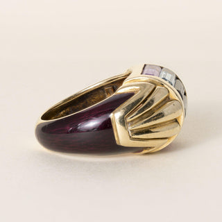 Vintage 18K Gold 3 CT Mix Gemstone Baguette Column and Enamel Dome Ring