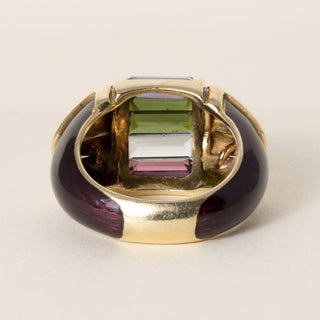 Vintage 18K Gold 3 CT Mix Gemstone Baguette Column and Enamel Dome Ring